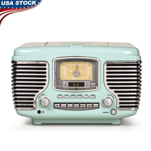 CD Player Alarm Clock Bluetooth Stereo AM FM Radio Dynamic Speakers Retro Design