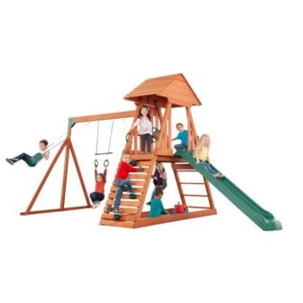 Cedar Chalet Complete Wood Playset with Wooden Roof, Climbing Wall, Sandbox, Slide...