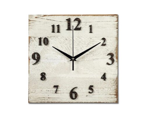 Cedar Clock, Square Distressed White Painted Wall/Mantel Clock. Raised Numbers