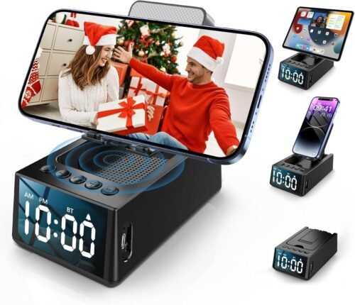 Cell Phone Stand with Wireless Bluetooth Speaker & Alarm Clock, 3 in 1 Adjustabl