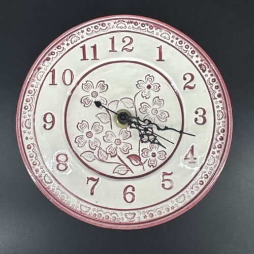 Ceramic Hanging Wall Clock Stamped Floral Design Maroon Red Works!