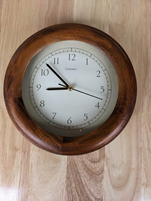 Chaney Wooden & Plastic, Analog AAA Battery-op, Hanging Wall Clock, 8.25" Dia.