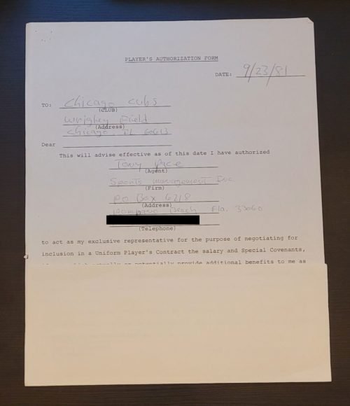 CHICAGO CUBS DOUG BIRD PLAYER AUTHORIZATION FORM 1981 AWESOME