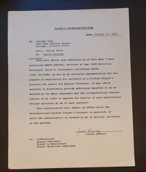 CHICAGO CUBS JUNIOR KENNEDY PLAYER AUTHORIZATION FORM 1981 AWESOME