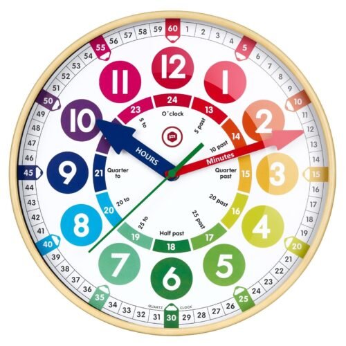 Children’s Learning Large 12” Wall Clock Safe Acrylic Face, Silent Sweep