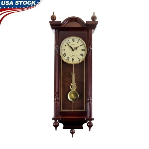 Chiming Wall Clock Antique Mahogany Roman Numerals Pendulum Decorative 4 Chimes