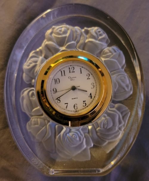 Christian Dior Crystal Desk Clock with Frosted Etched Roses Japan Scratched Face
