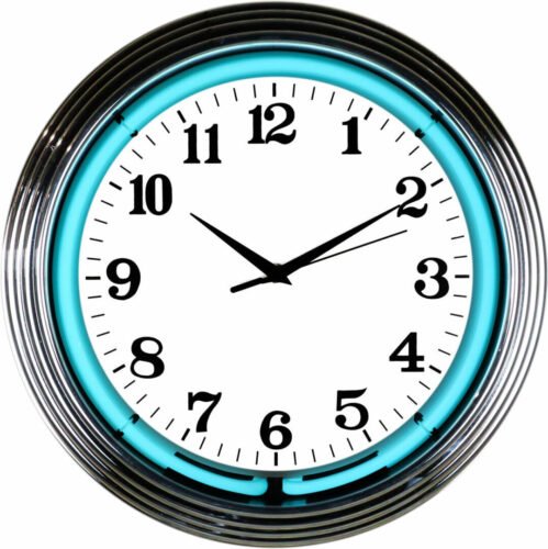 Chrome Teal Water Blue Room Wall Decor Neon Light 15 Inches Neon Clock