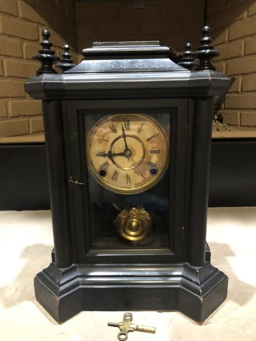 CIRCA 1880 INGRAHAM RARE "DOMINO" EBONIZED MANTLE CLOCK *WORKING*