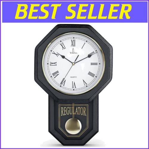 Classic Black Schoolhouse Pendulum Clock - Non-Ticking Battery Operated Charm