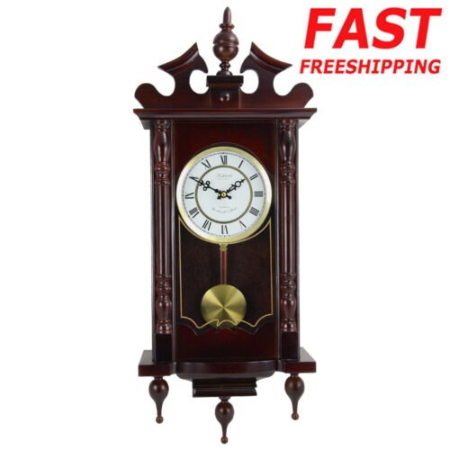 Classic Chiming Wall Clock Roman Numerals Swinging Pendulum Cherry Oak Finish