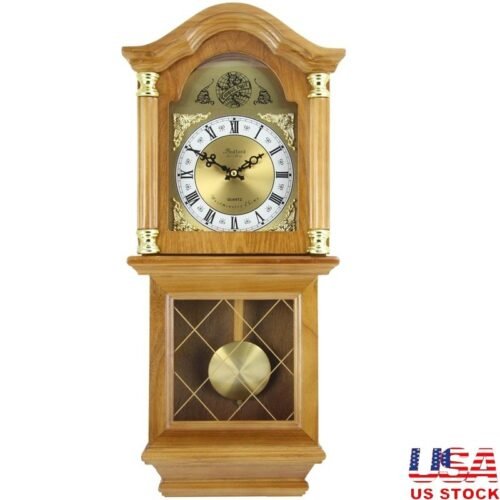 Classic Chiming Wall Clock W/ Swinging Pendulum & Decorative Carved Accents New