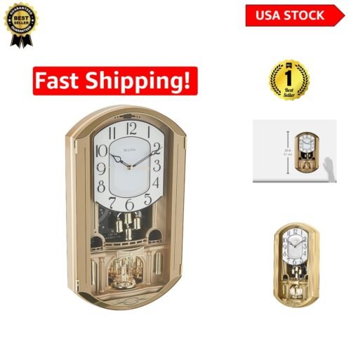 Classic Gold Wall Clock with Melodies - 12 Songs & Elegant Crystal Pendulum