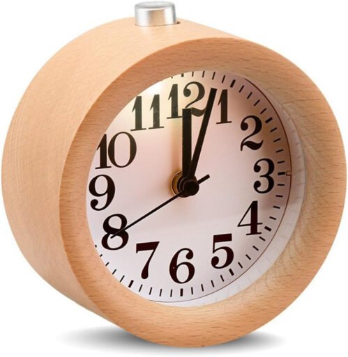 Classic Handmade Beech Wood Silent Round Alarm Clock with Nightlight