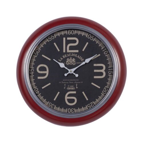 Classic Red Metal Vintage Wall Clock 17 x 17 In. Solid Pattern & Large Numbers