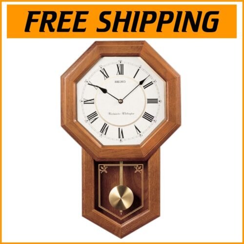 Classic Seiko Chiming Wall Clock in Light Oak with Metal Pendulum - 21.25x12.75”