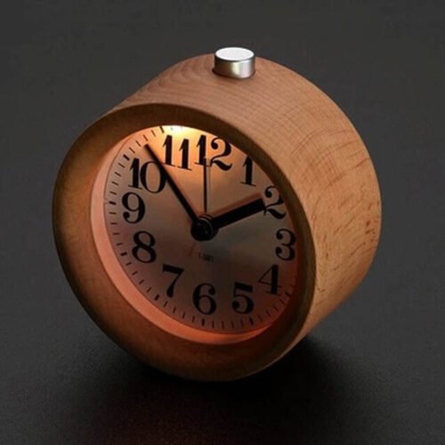 Classic Small Round Silent Table Snooze Beech Wood Alarm Clock Night Light Tool