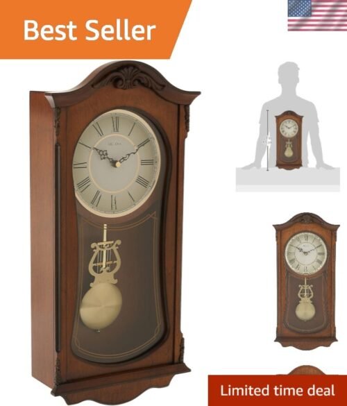 Classy Chiming Wall Clock with Pendulum - 19-Inch Walnut Finish Timepiece