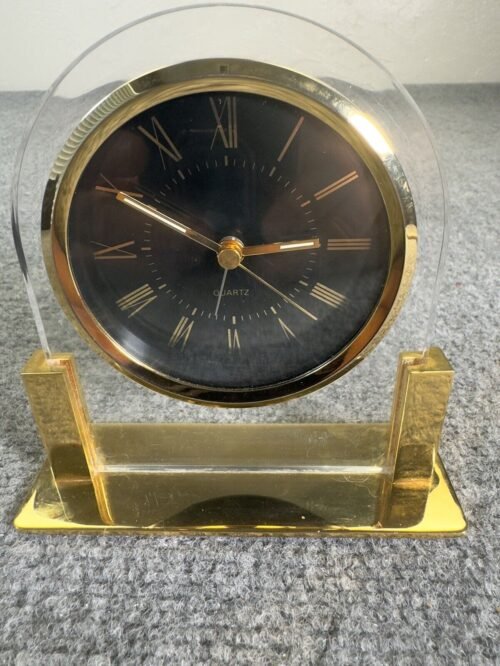 Clear Acrylic Metal Base Gold tone Desk Clock Model Quartz Alarm West Germany1