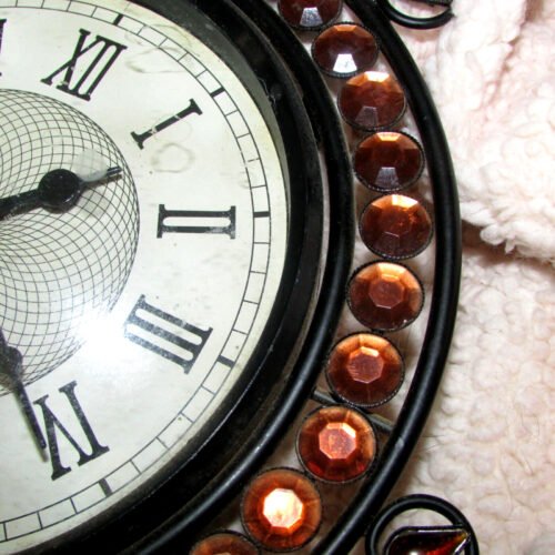 CLOCK battery black metal yellow-orange rhinestones wall or table (B)