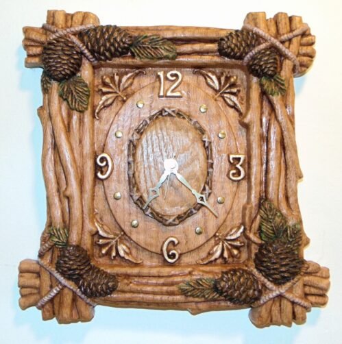 Clock Carved Solid Oak Sticks and Pine Cones