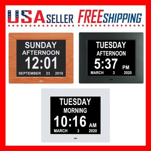 Clock Digital Calendar Alarm Day 8" Large Screen Display 5 Alarm Desk Wall Mount