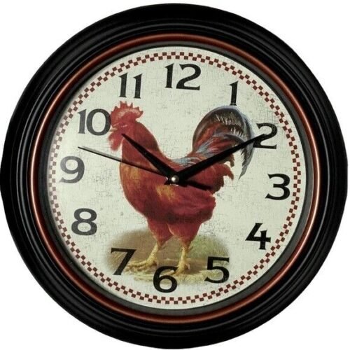 Clock Farmhouse Rooster Quartz Analog Primitive Wall Hanging 12 in Round Black