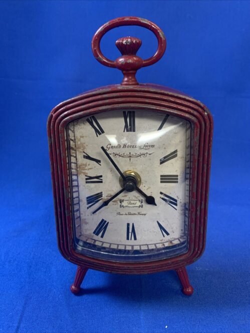 Clock Grand Hotel Du Louvre Paris Red Distressed Metal Quartz Movement Pre-owned