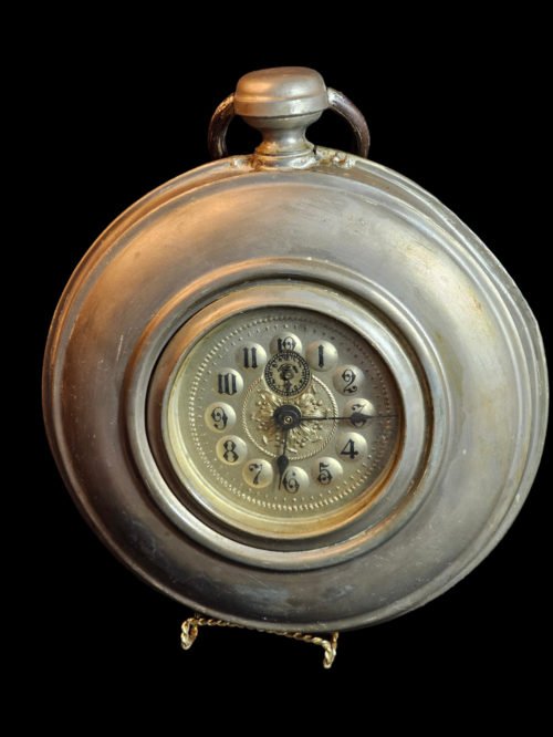 Clock pewter Pocket watch style alarm clock Runs and stops Early 1900s Unique