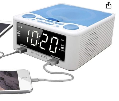 clock radio, cd player, alarm clock and USD charger. Blue, new, opened box.