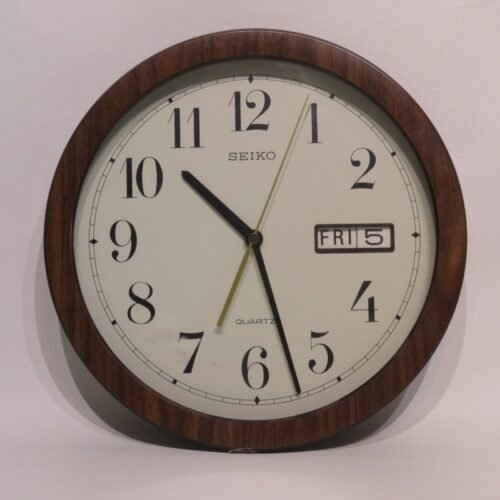 Clock Seiko Round Quartz Wall Clock Date & Day QXL004BR Faux 12" Faux Wood Case