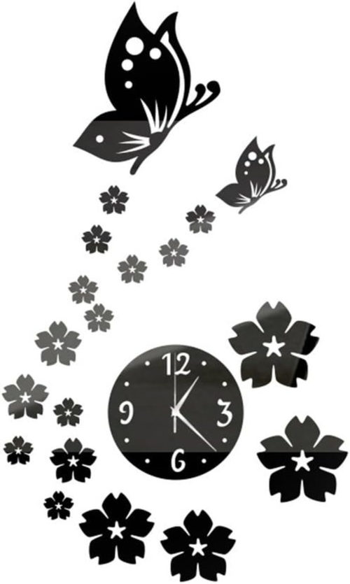 Clock Wall Sticker, DIY Home Room Modern Decor 3D Butterfly Flower Wall Clock Mi