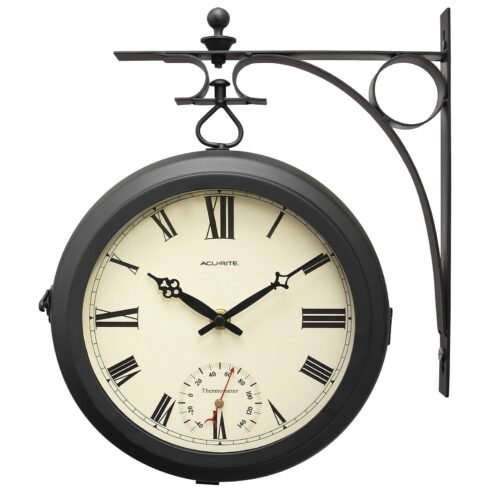 CLOCK with Thermometer round Hanging Double-Sided for Patio Black 9 ACURITE