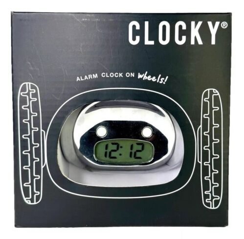 Clocky Alarm Clock On Wheels Chrome Look Boxed Manual VGC