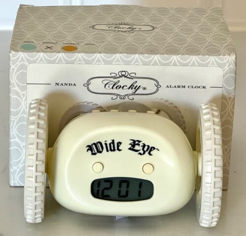 Clocky Original Alarm Clock on Wheels Runs Away WIDE EYE Almond WORKS Runaway