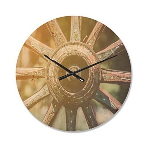 'Closeup of Country Wagon Wheel' Farmhouse Wood Wall Clock Large 23x23 Yellow