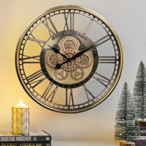CLXEAST 28" Gold Moving Gear Wall Clock Oversized Metal Roman #R015