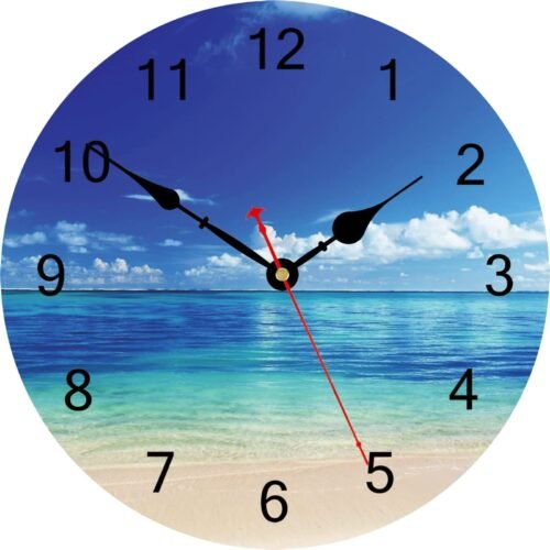 Coastal Beach Wall Clock, Blue Nautical Bathroom Decor, Decorative Battery Op...