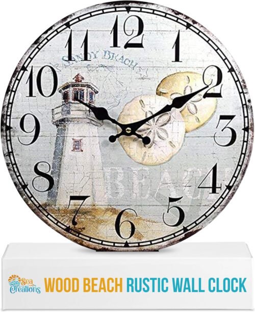 Coastal Lighthouse Wall Clock 13" - Wood Beach Theme Decorative Clocks - Rustic