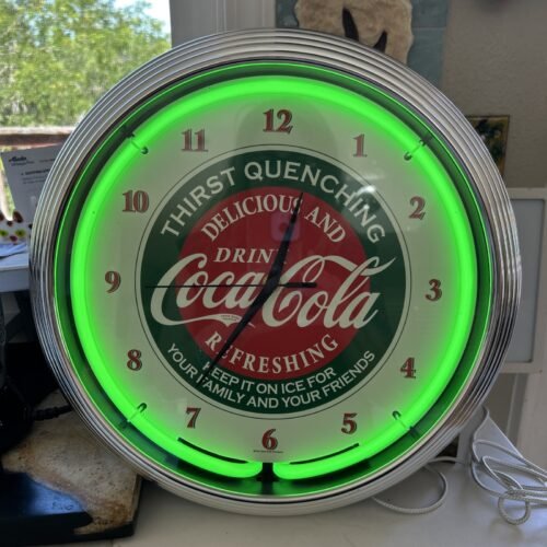Coca Cola Retro Neon Lighted Wall Garage Clock Green Illumination Works