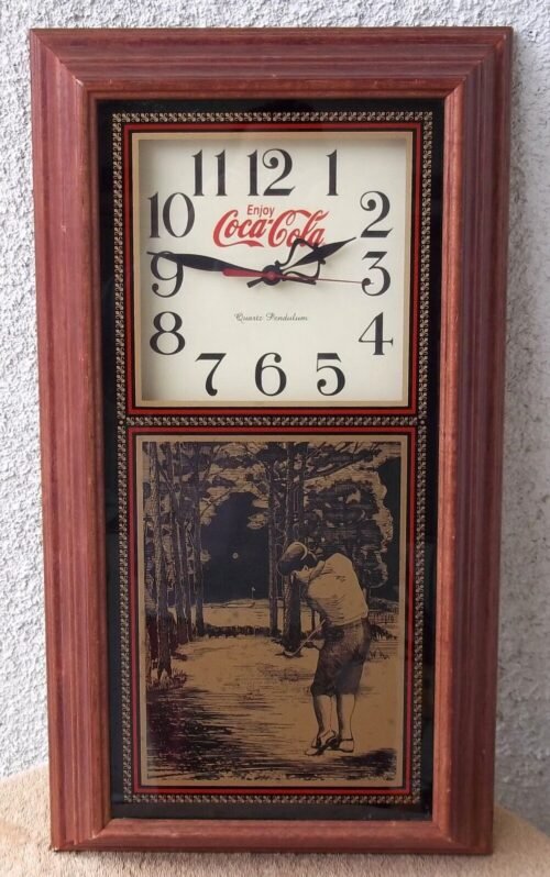 Coca Cola Wooden Quartz Battery Pendulum Wall Clock Tested Vintage Rare Golf Big