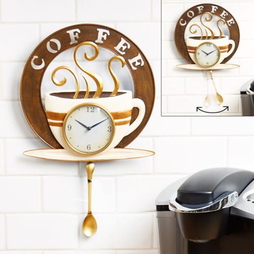 Coffee Cup Wall Clock Swinging Pendulum Spoon Designer Cafe Kitchen Home Decor
