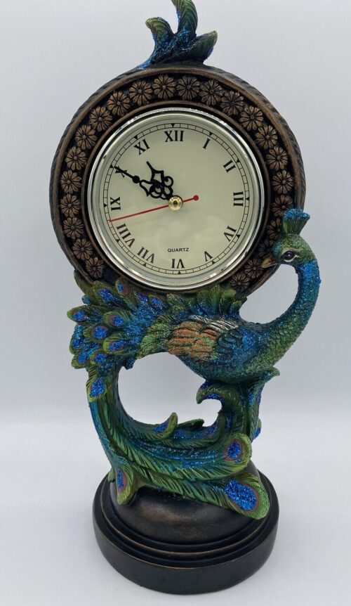 Collectible Vintage Style Decorative Peacock Quartz Desk Table Clock 13.5" Tall
