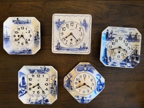 Collection of 5 Vintage Delft Blue Porcelain Wall Clocks – Dutch Windmill Design