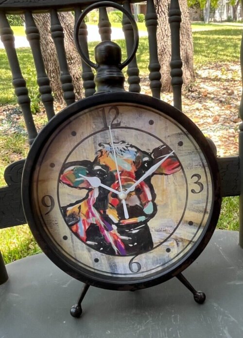 COLORFUL HOLSTEIN COW PORTRAIT METAL BATTTERY OPERATED TABLE CLOCK ~