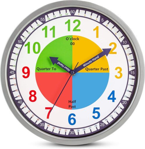 Colorful Kids Wall Clock Teaching Time Telling Silent Non-Ticking Educational Le