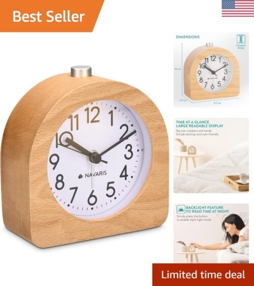 Compact Battery-Operated Analog Alarm Clock - Modern Wooden Design with Snooze