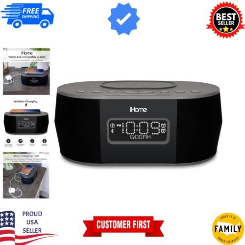 Compact Digital Alarm Clock with Wireless Charging & USB for iPhone and Android