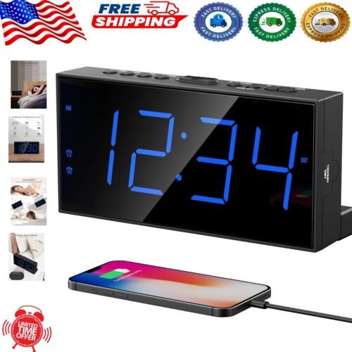 Compact Dual Alarm Clock for Heavy Sleepers - Adjustable Volume & Time Display