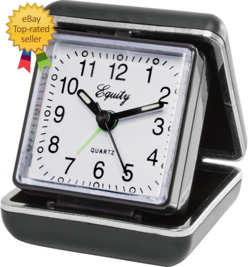 Compact Quartz Fold-Up Travel Alarm Clock Black Analog Loud Beep Battery